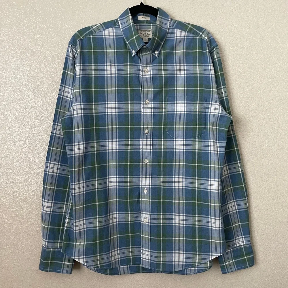 J. Crew Shirt Mens Medium Blue Green Slim Fit Secret‎ Wash Organic Cotton Plaid